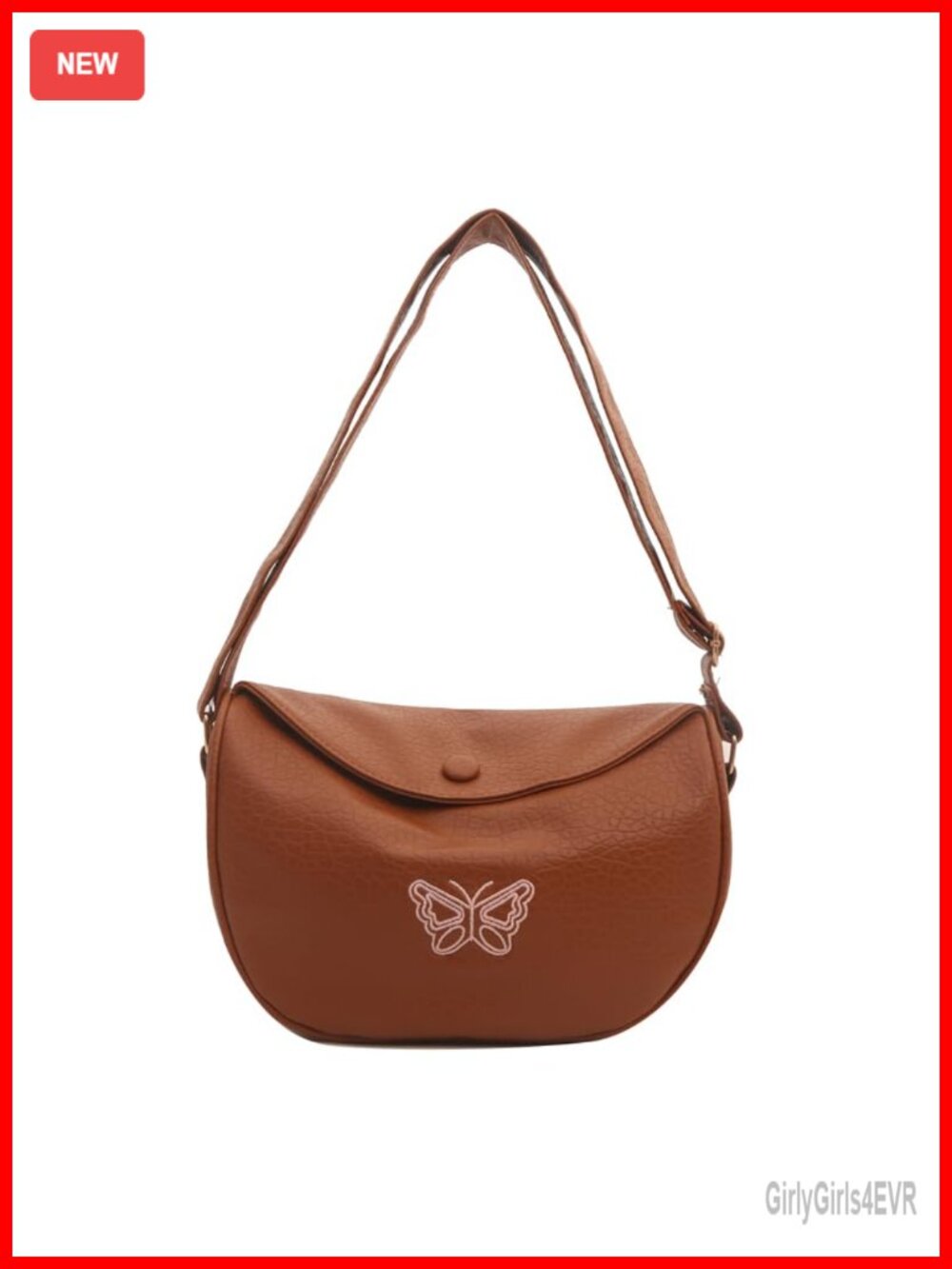 PU Leather Butterfly Embroidery Saddle Crossbody Bag Adjustable Strap Snap Flap